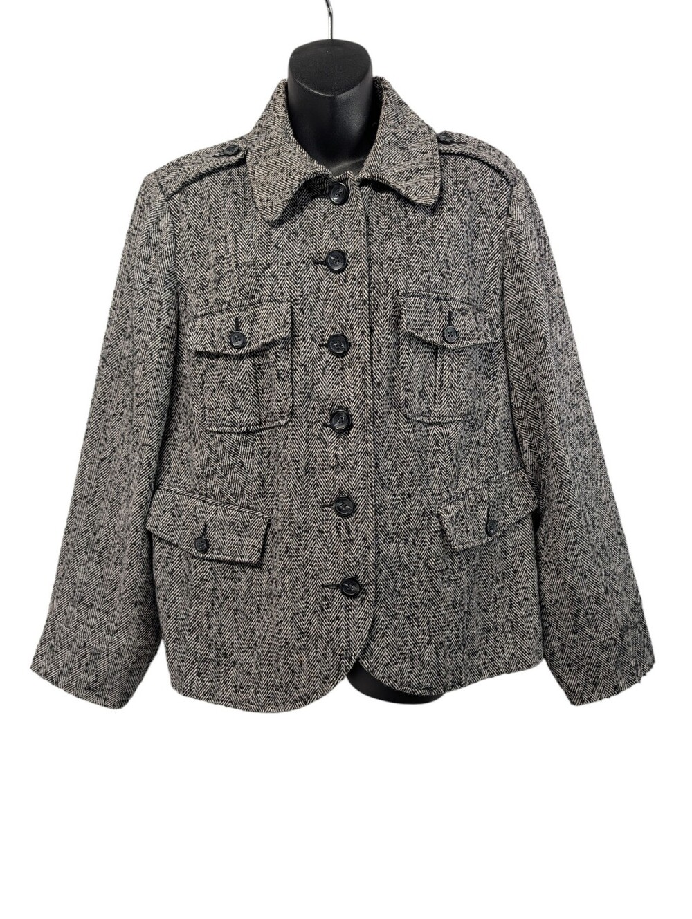 Relativity Herringbone Tweed Military Jacket Button Up 1X Wool Blend